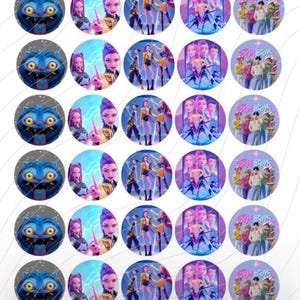 May include: A collection of round stickers featuring various cartoon characters and group images. The stickers showcase a blue monster, a woman with purple hair, a group of women in yellow jackets, and a group of young men with the text "SIM BOYS".