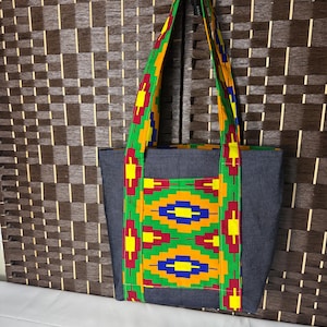 Ankara African Print Denim Tote Bag | Handmade Reversible Shoulder Bag