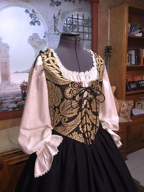 Renaissance Costume Medieval Clothing Wench Pirate Gold Jacquard Brocade Corset
