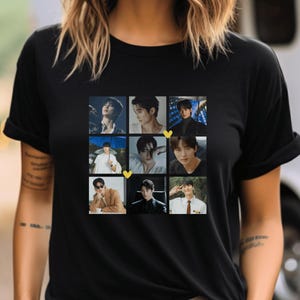 May include: Black t-shirt with a collage of photos of six men. The photos are arranged in a grid pattern and each photo has a yellow heart in the corner.