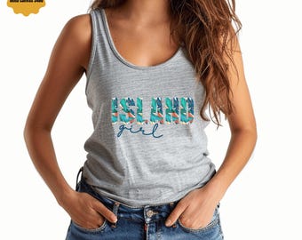 アイランドガールタンクトップ、ビーチ好きへのギフト、サマークロップトップTシャツ、オーシャンシャツ、ビーチライフタンクトップ、アイランドスタイル、ゆったり、サーフィン、春休みシャツ