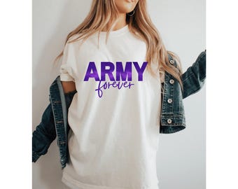 アーミーフォーエバーシャツ、フォーエバーアーミーパーカー、Kポップスウェットシャツ、韓国Tシャツ、バンドTシャツ、フローラルTシャツ、熱心なファン、Kポップにインスパイアされた、Kポップファンダム