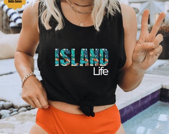 アイランドライフタンクトップ、ビーチ好きへのギフト、サマークロップトップTシャツ、オーシャンシャツ、ビーチライフタンクトップ、アイランドスタイル、ゆったり、サーフィン、春休みシャツ