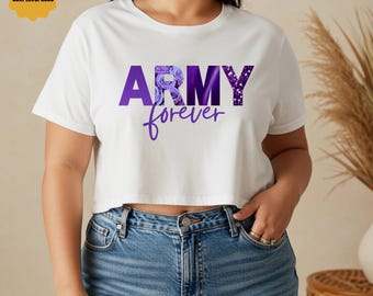 アーミーフォーエバータンク、フォーエバーアーミークロップトップシャツ、韓国、バンドタンク、フローラルTシャツ、熱心なファン、Kポップにインスパイアされたマッスルシャツ、Kポップファンダム