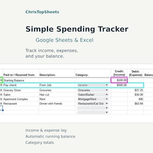 May include: A digital spreadsheet template titled Simple Spending Tracker for Google Sheets and Excel. The interface displays columns for date, description, category, credit, debit, and balance, with sample data entries for financial tracking.
