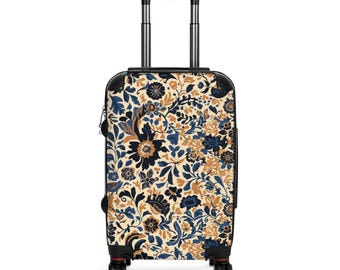 Valise bleu marine et marron clair à fleurs en vélin | Housse de protection botanique