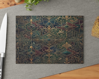Tabla de cortar de vidrio con estampado dorado Art Déco / Decoración geométrica floral para la cocina