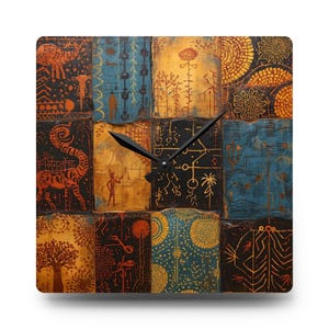 Puede incluir: Reloj de pared cuadrado con un diseño único. La esfera del reloj está dividida en secciones con paneles naranjas, azules y amarillos. Cada panel presenta arte abstracto con manecillas negras. El reloj tiene una estética moderna y artística.