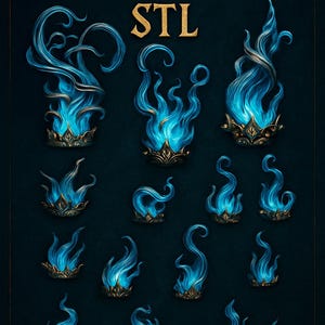 Peut inclure: Fond sombre avec l'inscription dorée « MAGIC FIRE STL ». L'image présente plusieurs flammes bleues stylisées avec des bases dorées, de formes et de tailles variées.