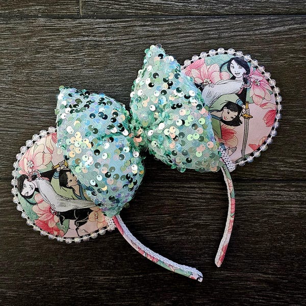 Mulan Inspired Sequin Ears, Puffy Headband, Floral Print, Cosplay Accessory
