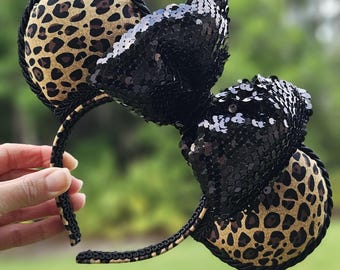 Handmade Animal print Mickey Sequin Bow Ears Headband – Puffy Padded Costume Accessory