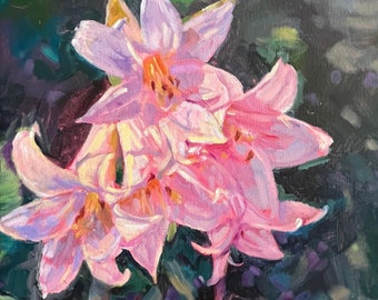 Framed Floral Oil Painting, Pink Naked Ladies, Impressionistic Art (30”x15”