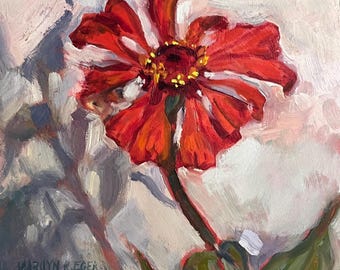 Oil Painting: Red Zinnia Still Life, 6x6 Inch Floral Art