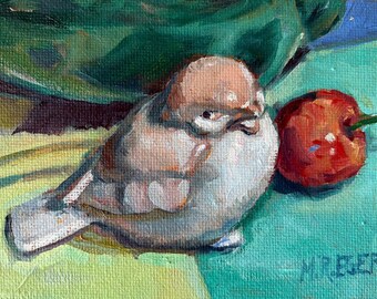 Original Oil Painting, Bird & Cherries Still Life, Impressionistic Kitchen Art (4”x6”)