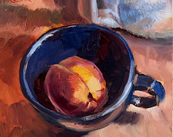 Peach Still Life Oil Painting, all origin oil painting, Marilyn Eger, impressionistic Kitchen Wall Art (6" X 6")