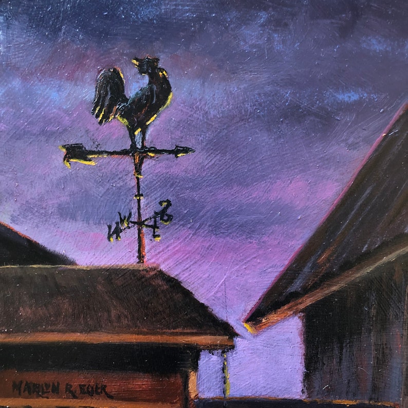 Original oil outlet painting Rooster Weather Vane on barn with sunset sky, rural California landscape, Acampo, Ca. 6