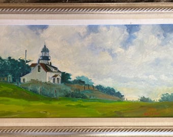 Vintage Lighthouse Oil Painting: Pacific Grove Plein Air Impressionism