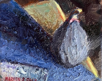 Still Life Oil Painting of Fig, Original Artwork (5”x5”) over  acrylic pour, impressionistic, Marilyn R. Eger stretched canvas, unframed art