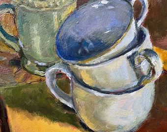 Cup still life oil painting, cups stacked, impressionistic, painting from life, STRADA easel Challenge Marilyn Eger 6x6