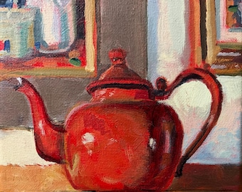 May include: An oil painting on canvas depicting a vibrant red teapot with a matching lid, curved handle, and spout. The teapot is rendered with visible brushstrokes and highlights. The artist's signature, Marilyn Reger, is visible in the bottom right corner.