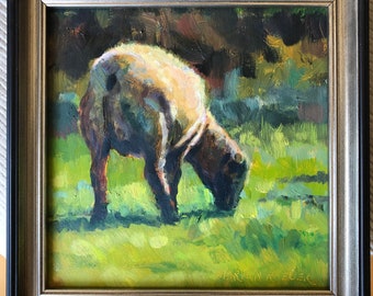 Sheep 1, Clements, all original oil painting, impressionism, original art, impressionistic, sheep landscape, Marilyn Eger, 6" X 6", art