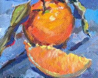 Tangerine & Lemon Wedge Oil Painting: Impressionistic Still Life, 4X4