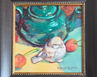 Original Oil Painting, Bird Cherries Teapot Still Life, Impressionistic Kitchen Art (6x6)