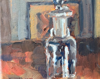 Antique Bottle with Stopper Still Life Oil Painting: 6x6 Impressionist Wall Art
