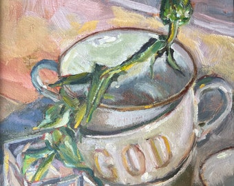 Zinnia and God Cup Oil Painting: Impressionistic Floral Still Life