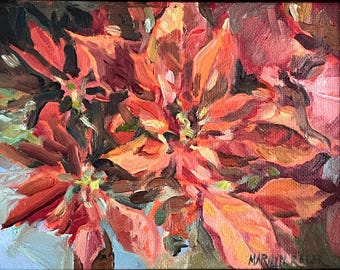 Orange Poinsettia Oil Painting: Impressionistic oil painting Christmas Flower Art (6x8) gold frame by Marilyn Eger