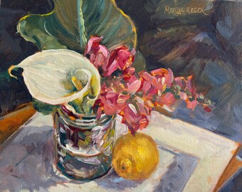 Calla Lily Still Life Oil Painting: Impressionistic Floral Art (8”x10”)