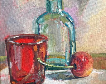 Cherry and bottle Still Life, Oil Painting: Impressionistic Small Art (6" X 6") Marilyn Eger
