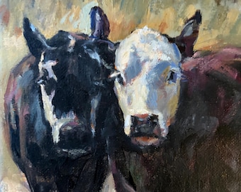 Impressionistic Cow Oil Painting, 6x6 Stretched Canvas, Marilyn Eger Art