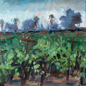 Vineyard in Acampo Ca, All original oil painting, art, landscape, impressionism, impressionist, cool colors,  Marilyn Eger, 5 3/4" X 5 3/4"