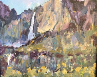 Yosemite falls oil painting, all original oil, Yosemite landscape painting, impressionistic California painting Marilyn Eger 6" X 6" framed