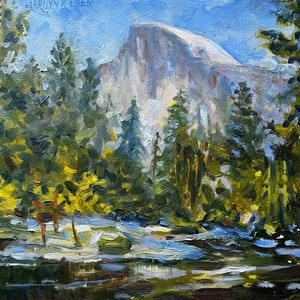 Half Dome all original oil painting, Half Dome with snow peaks, impressionistic snow landscape painting by Marilyn Eger, 6&quot; X 6&quot; Unframed