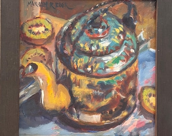 Original Oil Painting, “Cloisine Teapot with Kiwi” Chinese Still Life, Impressionistic Kitchen Art (6x6)