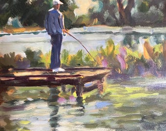 Oil Painting: “Fishing at Lodi Lake 2”  Charity’s Dad, Impressionism (6" X 6")