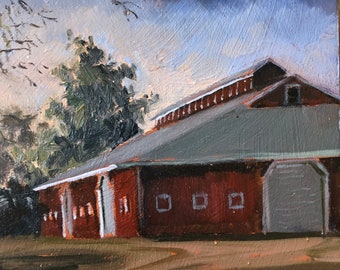 Red Barn Oil Painting: Lockeford Landscape Art, 6x6" Impressionism