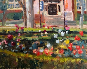 Original Plein Air Oil Painting: U.O.P. Knoles Rose Garden Landscape 6" X 6"