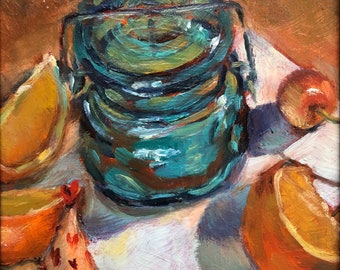 Oil painting still life, framed teal mason jar with cherry & orange wedges, all original impressionistic art, Marilyn Eger, 5" X 5",  art