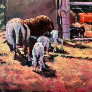 Sheep oil painting, sheep grazing, California small all original impressionist art, impressionistic, sheep landscape, Marilyn Eger, 6&quot; X 6&quot;,