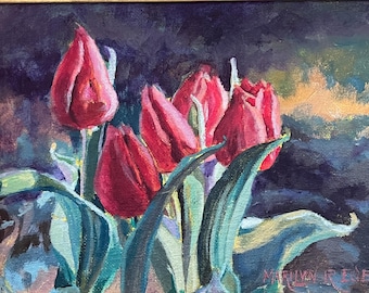 Red Tulips Acrylic Painting, Floral Still Life Art (6x8), Gold Frame