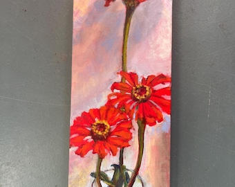 Still Life Floral Oil Painting: 3 Red Zinnias 18x6 by Marilyn Eger