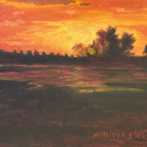 Original oil landscape painting Clements, California, framed, impressionism, impressionist sunset oil painting, Marilyn Eger, 6&quot; X 6&quot;
