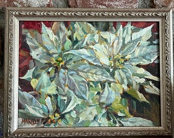 White Poinsettia Oil Painting: Impressionistic oil painting Christmas Flower Art (6x8) silver frame by Marilyn Eger