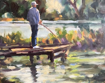 Oil Painting: “Fishing at Lodi Lake 1” Charity’s Dad, Impressionism (6" X 6")