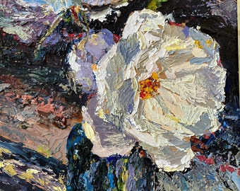 oil painting still life floral,framed white rose still life, impressionistic, all original palette knife floral painting Marilyn Eger 10”x8”