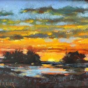 Sunset oil painting, all original sunset painting, pond sunset painting, impressionistic landscape, framed oil painting Marilyn Eger 8”X 10”