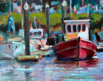 All original oil painting, red Fishing Boat Monterey Harbor, nautical, impressionistic, boat painting, 6" X 6"  Marilyn Eger